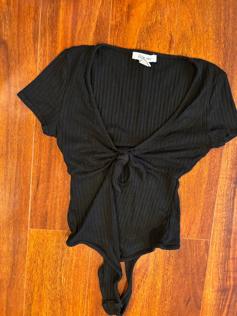 Revamped Black Ribbed Tie-Front Bodysuit